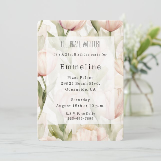 Pretty Blush Pink Cream Tulips Floral Birthday Invitation (Standing Front)