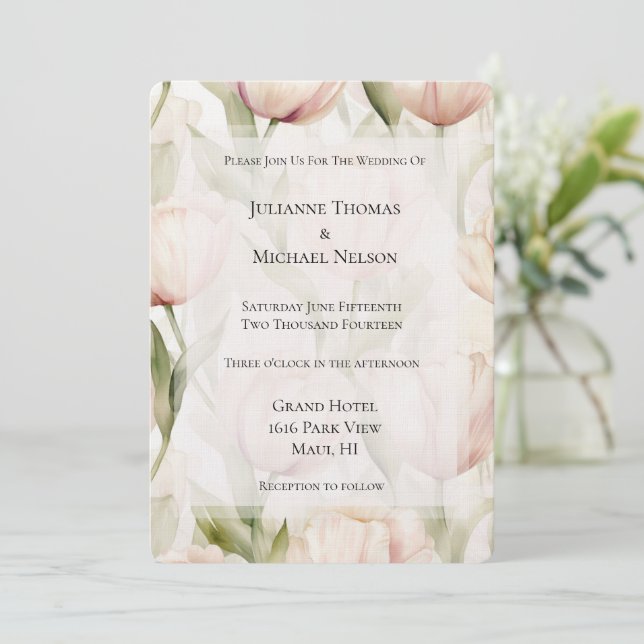 Pretty Blush Pink Cream Tulips Floral Wedding Invitation (Standing Front)