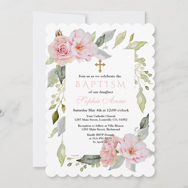 Pretty Blush Pink Floral Bloom Baptism Invitation (Front)