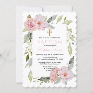 Pretty Blush Pink Floral Bloom Baptism Invitation