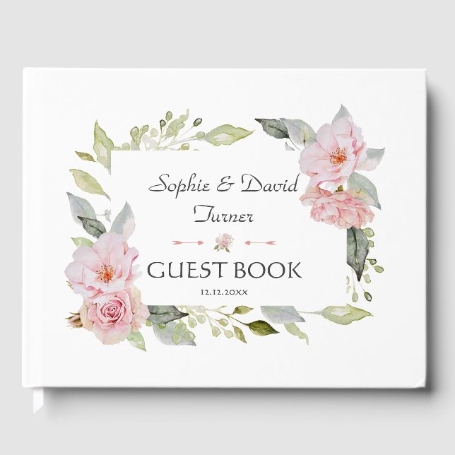 Pretty Blush Pink Floral Bloom Wedding Guest Book (Front)
