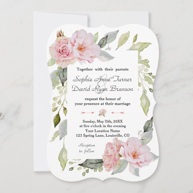 Pretty Blush Pink Floral Bloom Wedding Invitation (Front)
