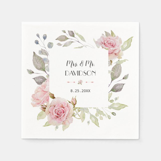 Pretty Blush Pink Floral Bloom Wedding Napkin (Front)