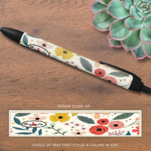 Pretty Blush Pink Floral Botanical Monogram Black Ink Pen