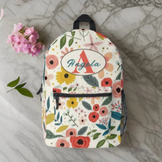 Pretty Blush Pink Floral Botanical Monogram Printed Backpack