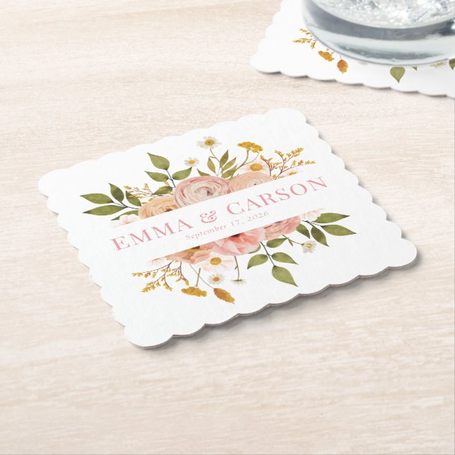 Pretty blush pink floral garden wedding favour paper coaster (Angled)