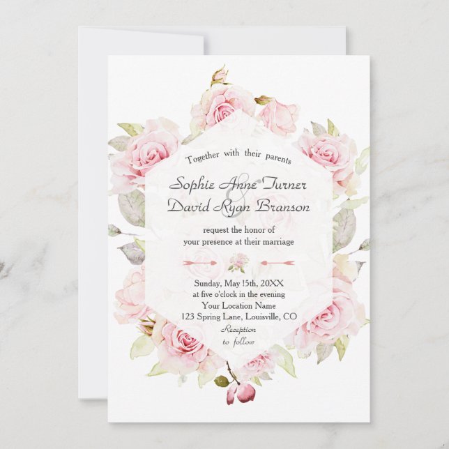 Pretty Blush Pink Floral Geometric Wedding Invitation (Front)
