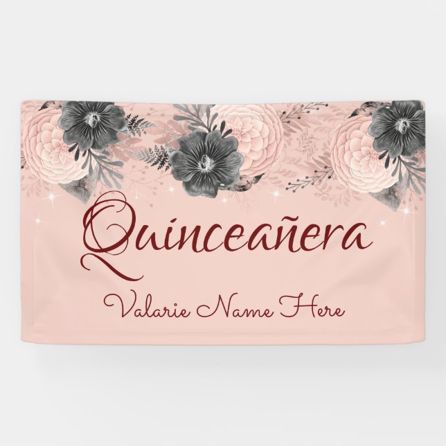 Pretty Blush Pink Floral Quinceanera Banner (Horizontal)