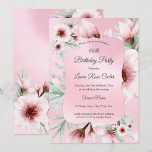 Pretty Blush Pink floral Silver Birthday Party Invitation