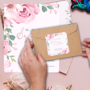 Pretty Blush Pink Floral Wedding Save the date Square Sticker