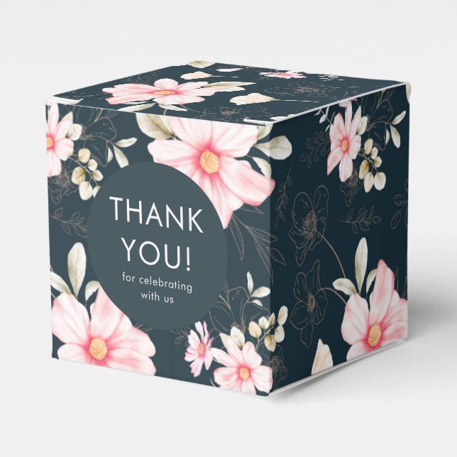 Pretty Blush Pink Floral Wedding Thank You Blue Favour Box (Front Side)
