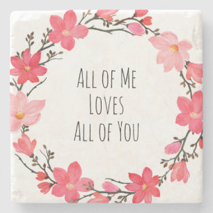 Pretty Blush Pink Floral Wreath Love Typography Stone Coaster