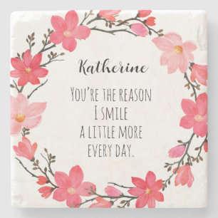Pretty Blush Pink Floral Wreath Personalised Stone Coaster
