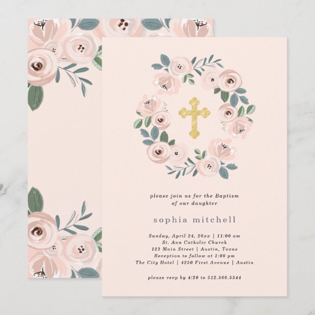 Pretty Blush Pink Flowers and Gold Cross | Baptism Invitation (Front/Back)