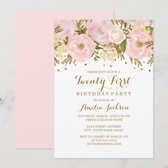 Pretty Blush Pink Gold Floral 21st Birthday Invitation (Front/Back)