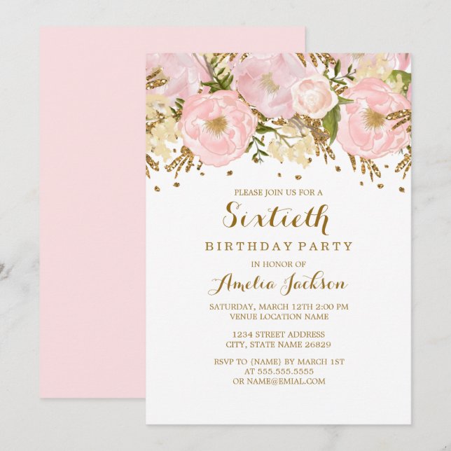 Pretty Blush Pink Gold Floral 60th Birthday Invitation (Front/Back)