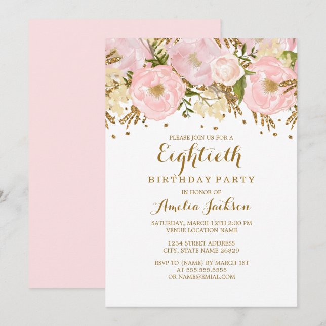 Pretty Blush Pink Gold Floral 80th Birthday Invitation (Front/Back)