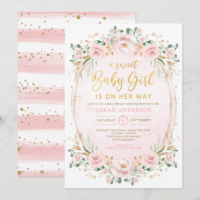 Pretty Blush Pink Gold Floral Baby Girl Shower Invitation (Front/Back)