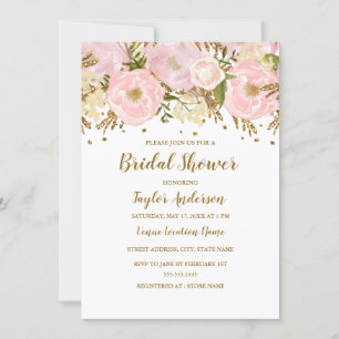 Pretty Blush Pink Gold Floral Birdal Shower Invitation