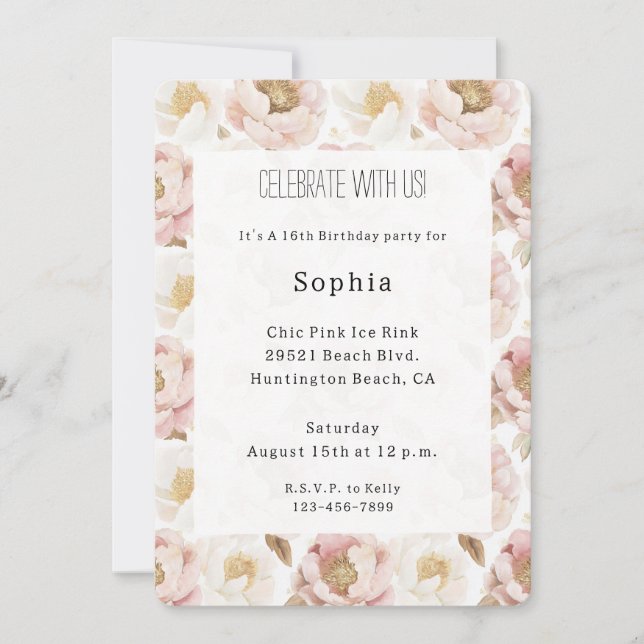 Pretty Blush Pink Gold Floral Birthday Invitation (Front)