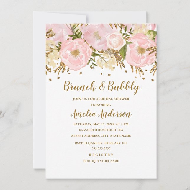 Pretty Blush Pink Gold Floral Brunch And Bubbly Invitation (Front)