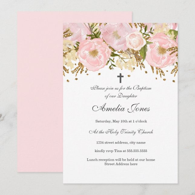 Pretty Blush Pink Gold Floral Girl Baptism Invitation (Front/Back)