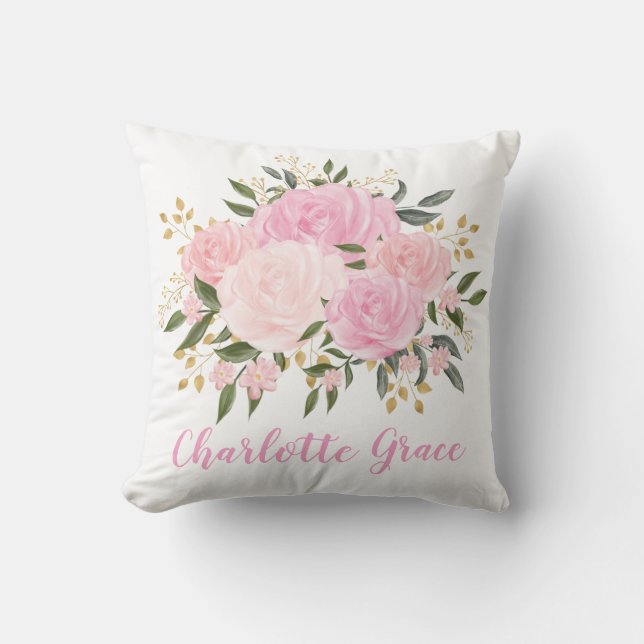 Pretty Blush Pink Gold Floral Greenery Baby Girl Cushion (Front)