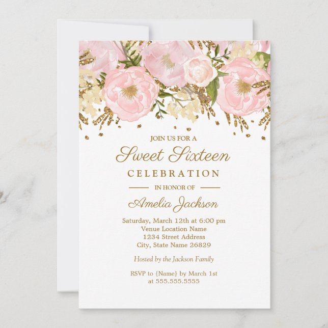 Pretty Blush Pink Gold Floral Sweet Sixteen Invitation (Front)