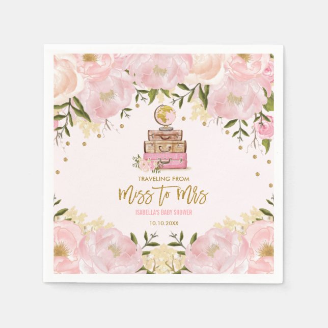 Pretty Blush Pink Gold Floral Travel Bridal Shower Napkin (Front)