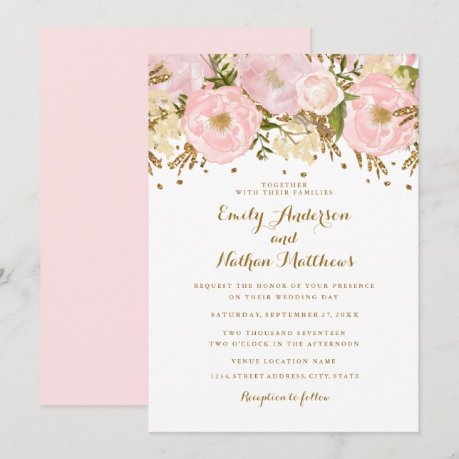 Pretty Blush Pink Gold Floral Wedding Invitation (Front/Back)