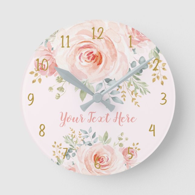 Pretty Blush Pink Gold Rose Floral Round Clock (Front)
