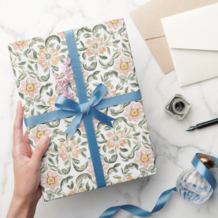 Pretty Blush Pink Green Leaves Floral Birthday Wrapping Paper