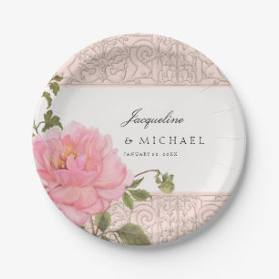 Pretty Blush Pink Grey Peony Swirl Scroll Wedding Paper Plate