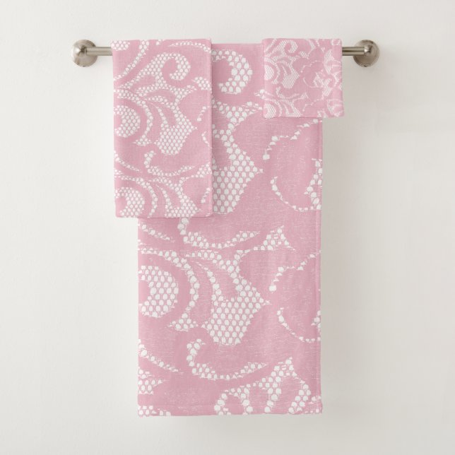Pretty Blush Pink Lace Look Floral Bath Towel Set (Insitu)