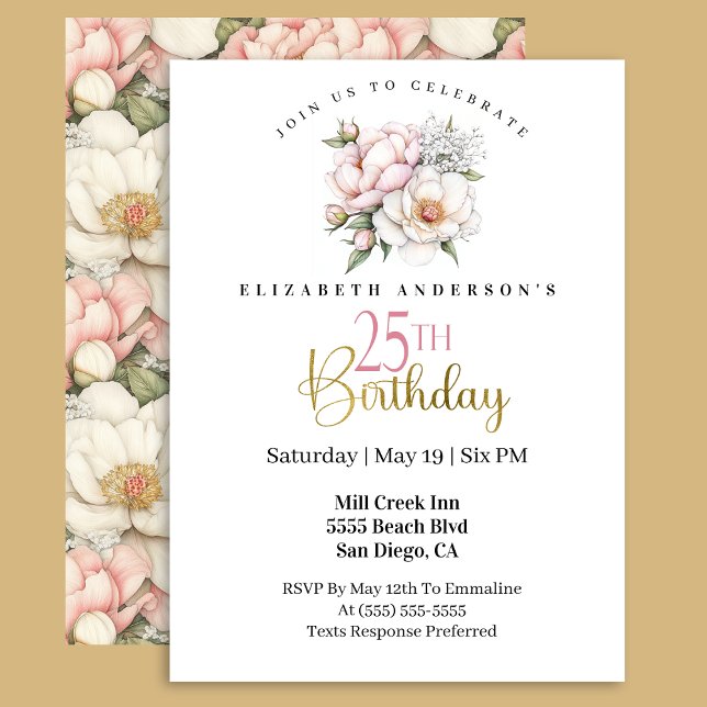 Pretty Blush Pink Peony Floral 25th Birthday Invitation (Creator Uploaded)