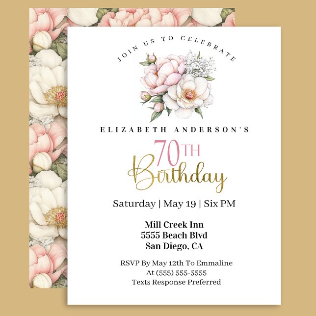 Pretty Blush Pink Peony Floral 70th Birthday Invitation (Creator Uploaded)