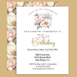 Pretty Blush Pink Peony Floral 75th Birthday Invitation