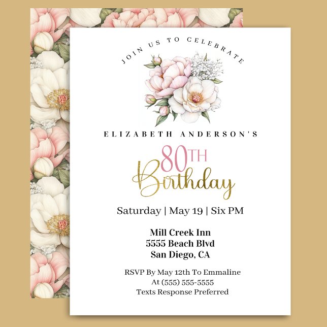 Pretty Blush Pink Peony Floral 80th Birthday Invitation (Creator Uploaded)