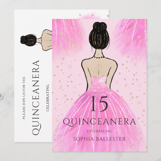 Pretty Blush Pink Princess Dress Quinceanera Party Invitation (Front/Back)