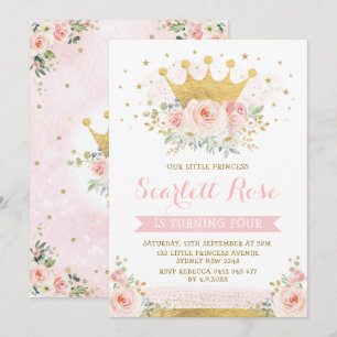 Pretty Blush Pink Princess Gold Crown Birthday Invitation