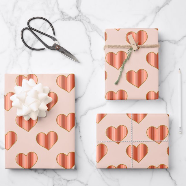 Pretty Blush Pink & Red Striped Heart Wrapping Paper Sheet (Front)