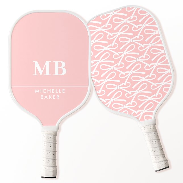 Pretty Blush Pink Ribbon Bow Personalised Monogram Pickleball Paddle (Creator Uploaded)