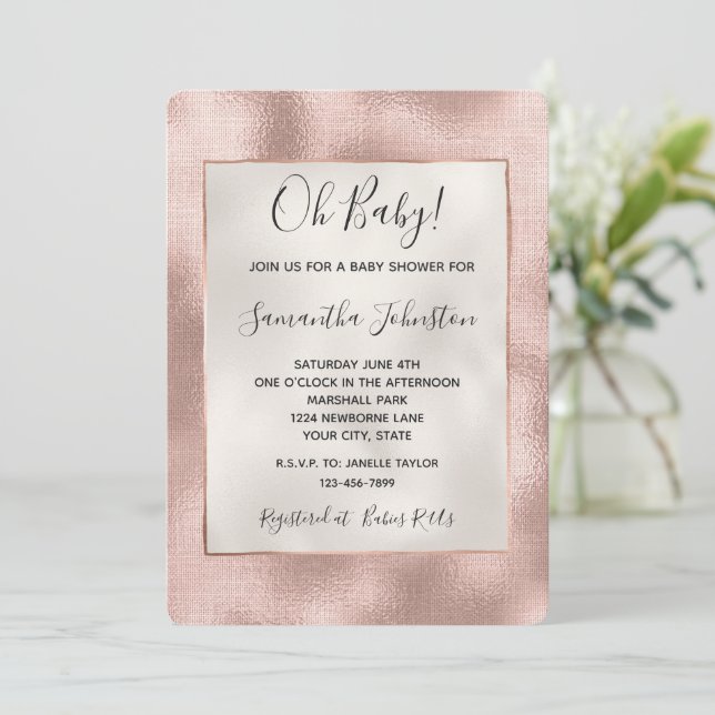 Pretty Blush Pink Rose Gold Baby Shower Invitation (Standing Front)