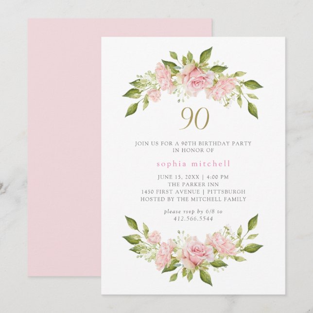 Pretty Blush Pink Roses and Gold | 90th Birthday Invitation (Front/Back)