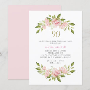 Pretty Blush Pink Roses and Gold   90th Birthday Invitation