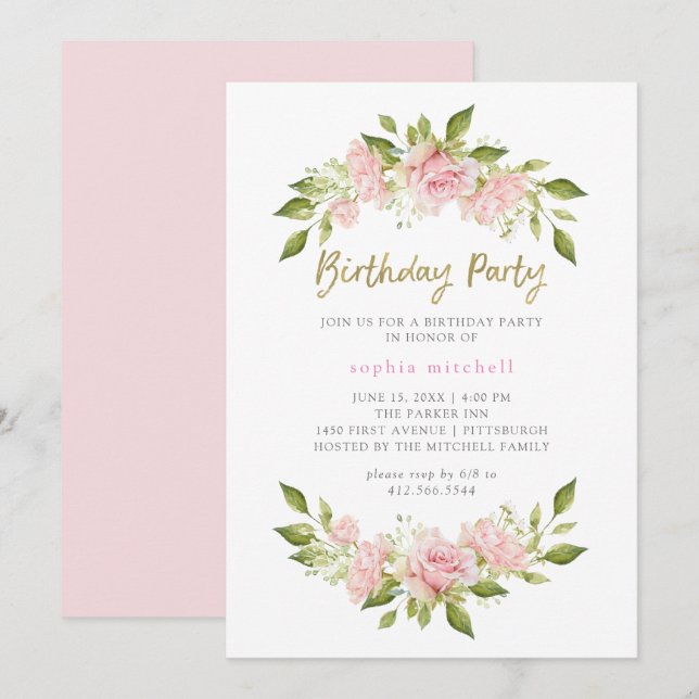 Pretty Blush Pink Roses and Gold | Birthday Party Invitation (Front/Back)