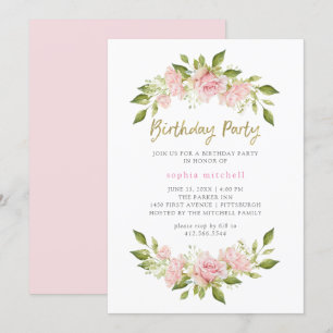Pretty Blush Pink Roses and Gold   Birthday Party Invitation