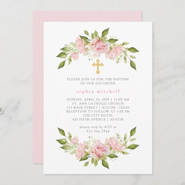 Pretty Blush Pink Roses and Gold Cross | Baptism Invitation (Front/Back)