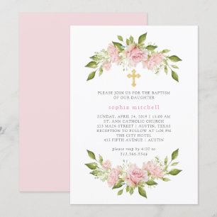 Pretty Blush Pink Roses and Gold Cross Baptism Invitation