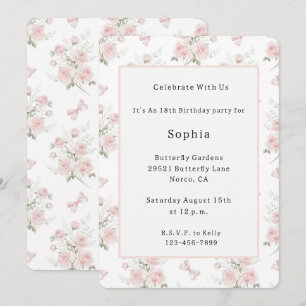 Pretty Blush Pink Roses Bows Birthday Invitation